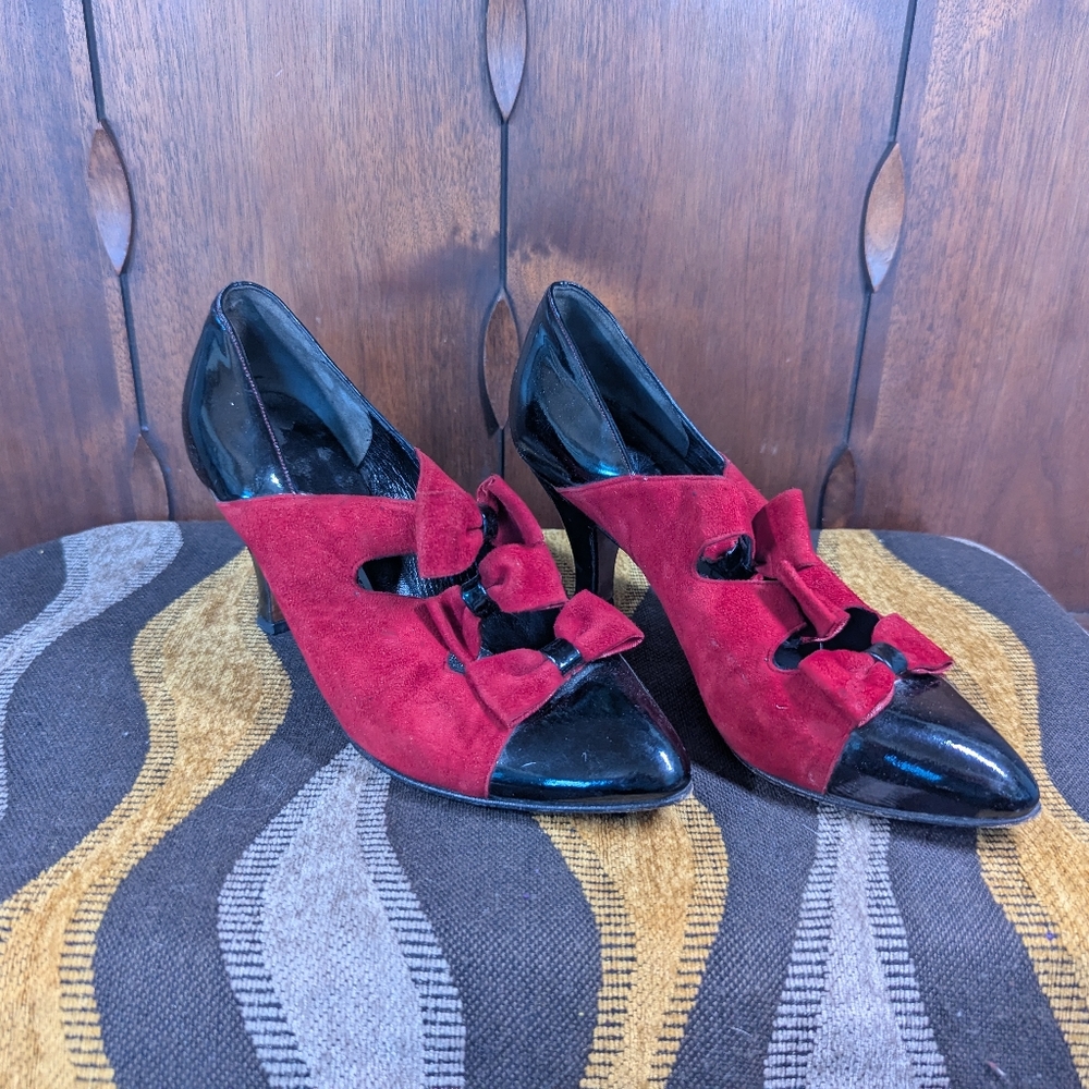 Vintage Werner Kern Red & Black Heels With Bow Detail Made In West Germany
